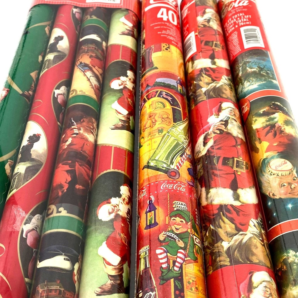 Vtg Coca Cola Christmas Wrapping Paper Rolls 90s Santa Claus Lot 7 Rolls 160SqFt